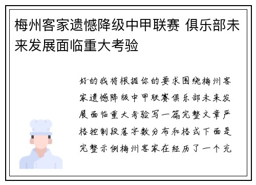 梅州客家遗憾降级中甲联赛 俱乐部未来发展面临重大考验 梅州客家遗憾降级中甲联赛 俱乐部未来发展面临重大考验